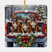 Boxer Christmas Red Truck Holiday Keramikornament (Vorderseite)