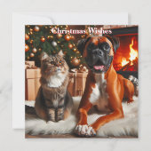 Boxer Dog and Cat Christmas Feiertagskarte (Vorderseite)