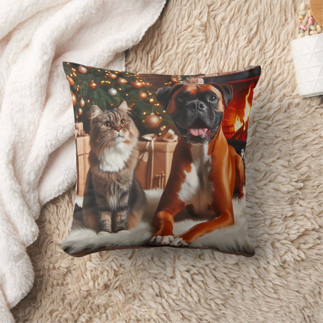 Boxer Dog and Cat Christmas Kissen (Decke)