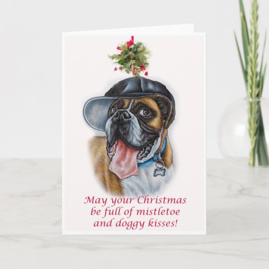 Boxer Dog and Mistletoe Christmas Art Karte (Vorderseite)