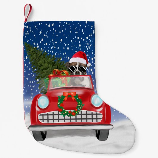 Boxer Dog Autofahren Auto in Schneeschweihnacht Kleiner Weihnachtsstrumpf (Vorderseite)