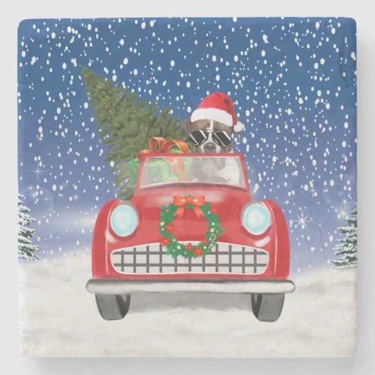 Boxer Dog Autofahren Auto in Schneeschweihnacht Steinuntersetzer (Vorderseite)