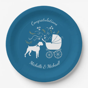 Boxer Dog Baby Shower Welpe Blue Boy Pappteller
