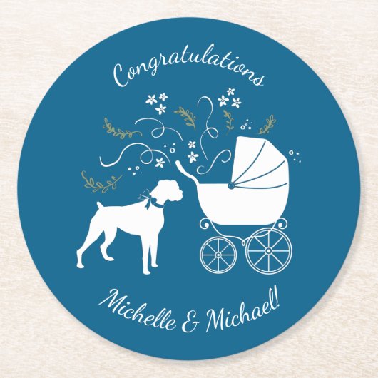 Boxer Dog Baby Shower Welpe Blue Boy Runder Pappuntersetzer (Vorderseite)