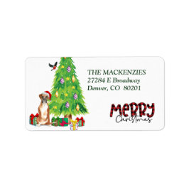 Boxer Dog, Bird and Christmas Tree Rücksendeadress Adressaufkleber