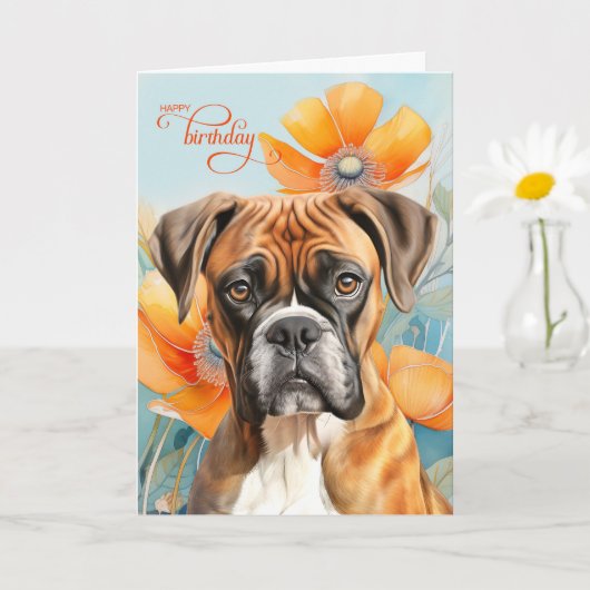 Boxer Dog Birthday Bold Orange Poppy Flowers Karte (Kleine Pflanze)
