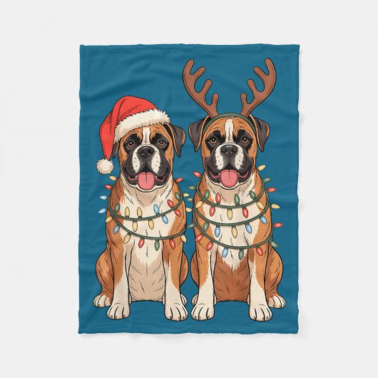 Boxer Dog Christmas Santa Hat Reindeer Lights Paja Fleecedecke (Vorderseite)
