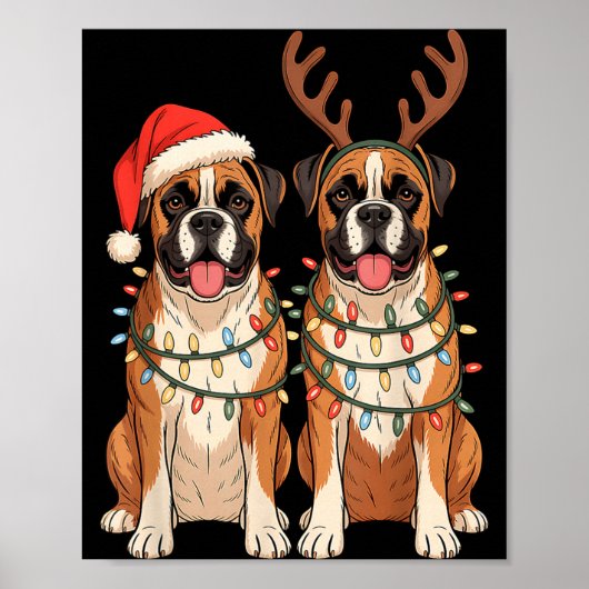 Boxer Dog Christmas Santa Hat Reindeer Lights Paja Poster (Vorne)