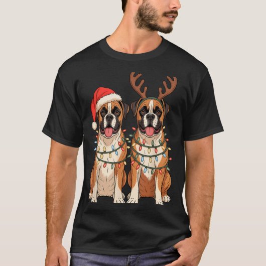 Boxer Dog Christmas Santa Hat Reindeer Lights Paja T-Shirt (Vorderseite)