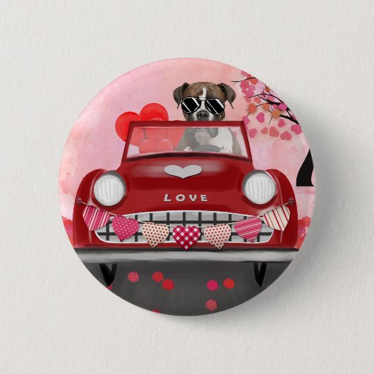 Boxer Dog Driving Car mit Herz Valentin Button (Vorderseite)