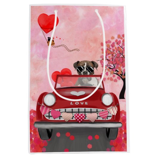 Boxer Dog Driving Car mit Herz Valentin Mittlere Geschenktüte (Vorderseite)