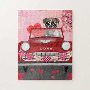 Boxer Dog Driving Car mit Herz Valentin Puzzle