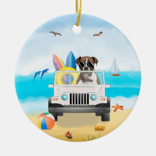 Boxer Dog Driving on Beach Keramik Ornament