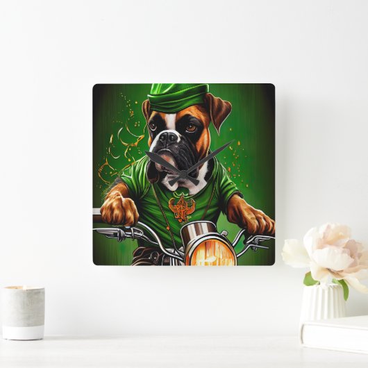 Boxer Dog Fahrrad St. Patrick's Day Quadratische Wanduhr (Zuhause)