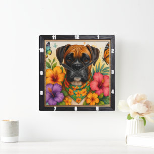 Boxer Dog Floral Butterfly Quadratische Wanduhr