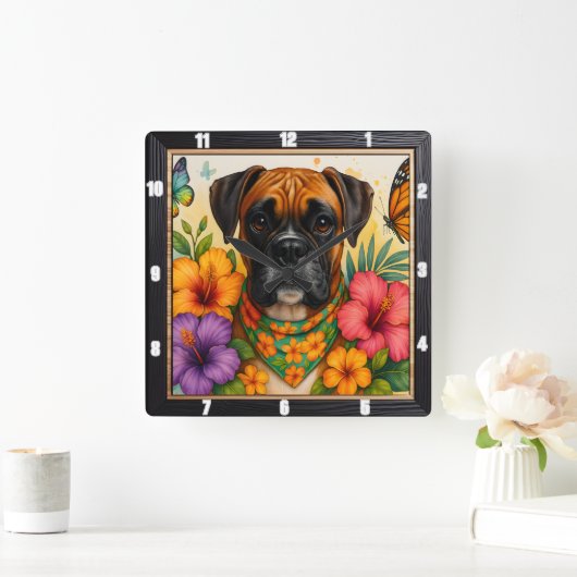 Boxer Dog Floral Butterfly Quadratische Wanduhr (Zuhause)