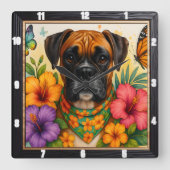 Boxer Dog Floral Butterfly Quadratische Wanduhr (Vorderseite)