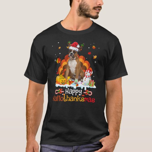 Boxer Dog Happy Hallothanksmas Halloween Thanksgiv T-Shirt (Vorderseite)