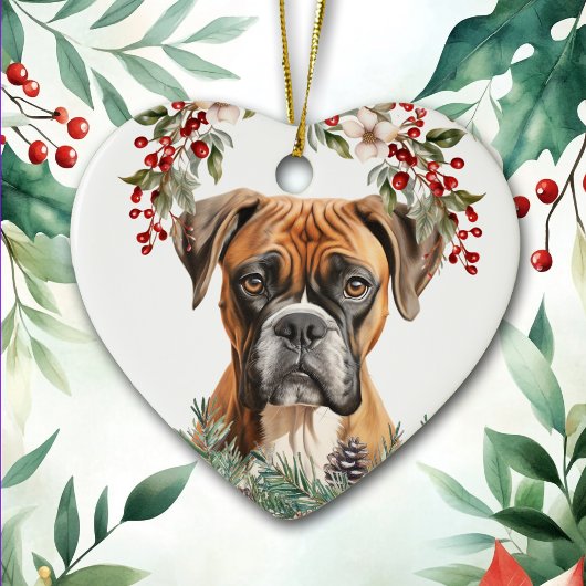 Boxer Dog Holly Wreath Christmas Keramik Ornament