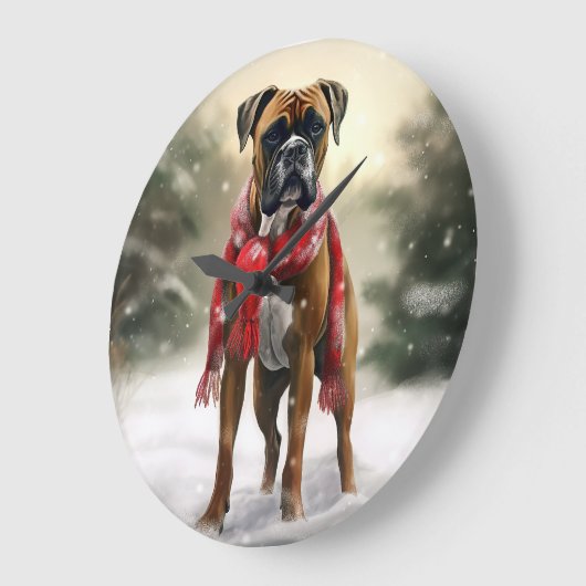 Boxer Dog in Schneeschweihnacht Große Wanduhr (Winkel)