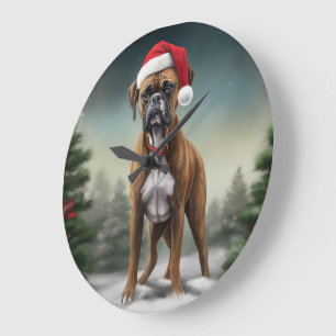 Boxer Dog in Schneeschweihnacht Große Wanduhr