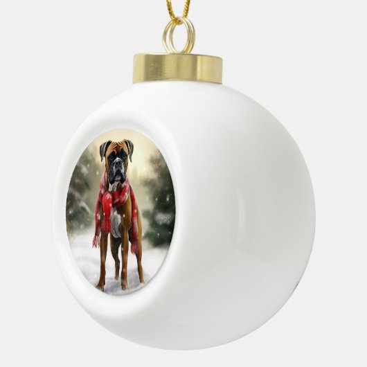 Boxer Dog in Schneeschweihnacht Keramik Kugel-Ornament (Rechts)