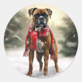 Boxer Dog in Schneeschweihnacht Runder Aufkleber (Vorderseite)