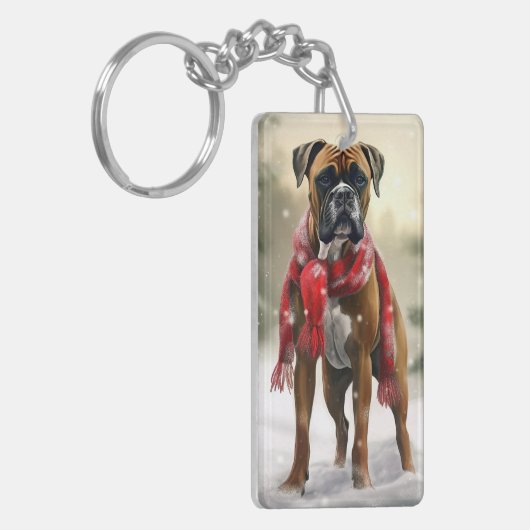 Boxer Dog in Schneeschweihnacht Schlüsselanhänger (Vorderseite links)