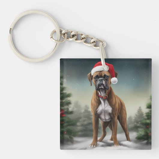 Boxer Dog in Schneeschweihnacht Schlüsselanhänger (Vorderseite)