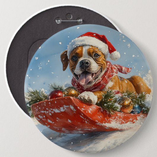 Boxer Dog in Sledge Lass es Schnee Weihnachten Button (Vorne & Hinten)