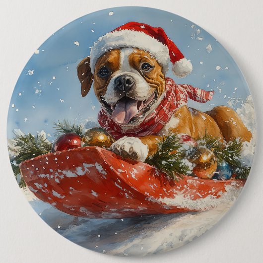 Boxer Dog in Sledge Lass es Schnee Weihnachten Button (Vorderseite)