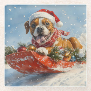 Boxer Dog in Sledge Lass es Schnee Weihnachten Glasuntersetzer