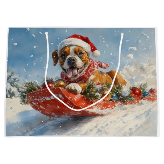 Boxer Dog in Sledge Lass es Schnee Weihnachten Große Geschenktüte (Vorderseite)