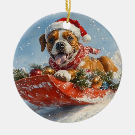 Boxer Dog in Sledge Lass es Schnee Weihnachten Keramik Ornament (Vorne)