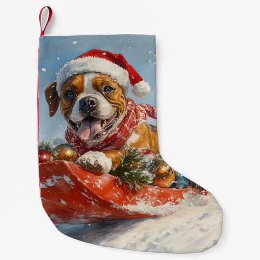 Boxer Dog in Sledge Lass es Schnee Weihnachten Kleiner Weihnachtsstrumpf (Vorderseite)