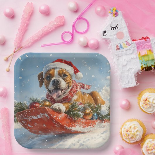 Boxer Dog in Sledge Lass es Schnee Weihnachten Pappteller (Party)