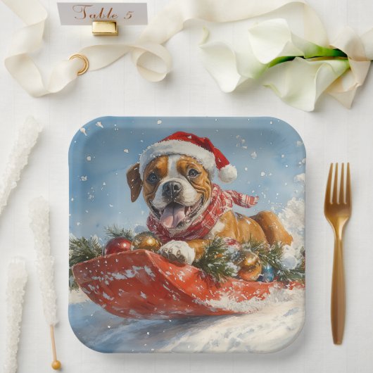 Boxer Dog in Sledge Lass es Schnee Weihnachten Pappteller (Hochzeit)