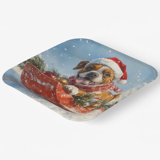 Boxer Dog in Sledge Lass es Schnee Weihnachten Pappteller (Gewinkelt)