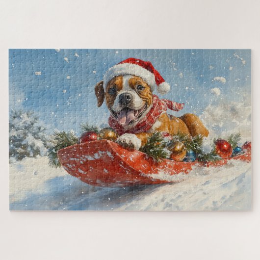 Boxer Dog in Sledge Lass es Schnee Weihnachten Puzzle (Horizontal)