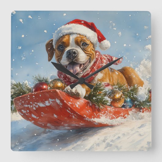 Boxer Dog in Sledge Lass es Schnee Weihnachten Quadratische Wanduhr (Vorderseite)
