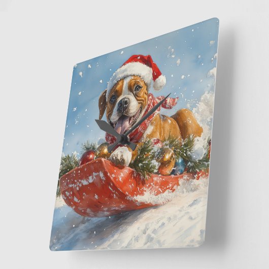 Boxer Dog in Sledge Lass es Schnee Weihnachten Quadratische Wanduhr (Winkel)