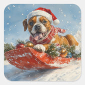 Boxer Dog in Sledge Lass es Schnee Weihnachten Quadratischer Aufkleber (Vorderseite)