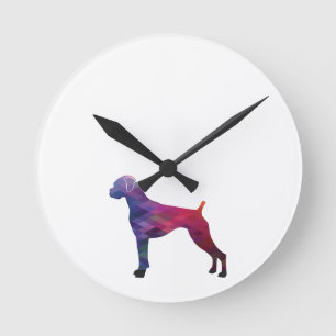 Boxer Dog Natural Ears Geo Silhouette Purple Runde Wanduhr