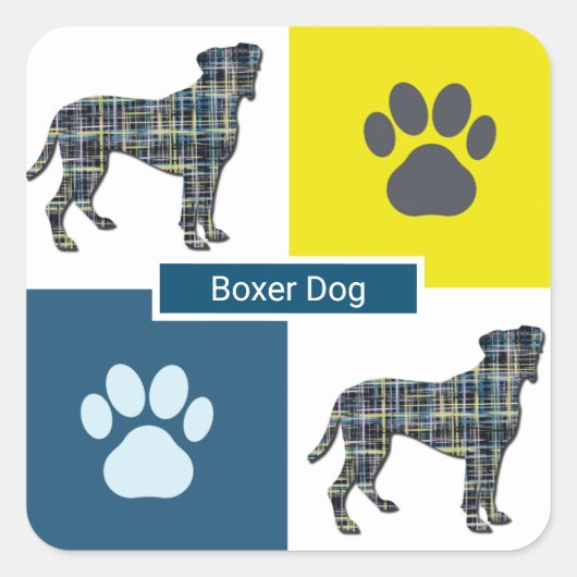 Boxer Dog & Paw Y&B Grid Square Sticker (Vorderseite)