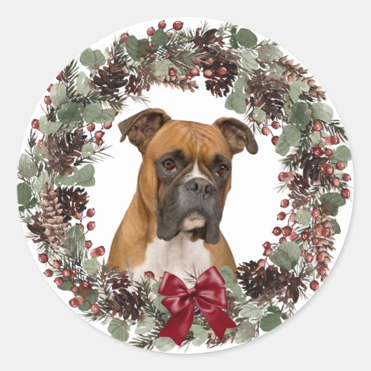 Boxer Dog Red Bow Pinecone Wreath Weihnachten Runder Aufkleber (Vorderseite)