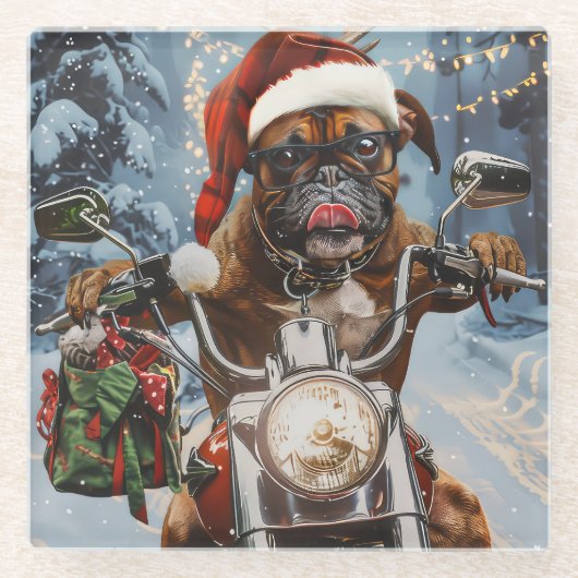 Boxer Dog Riding Motorrad Weihnachten Glasuntersetzer (Vorderseite)