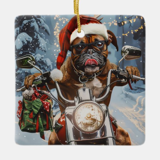Boxer Dog Riding Motorrad Weihnachten Keramikornament (Vorderseite)