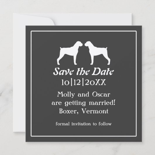 Boxer Dog Silhouetten Hochzeitssache Datum speiche Save The Date (Vorderseite)