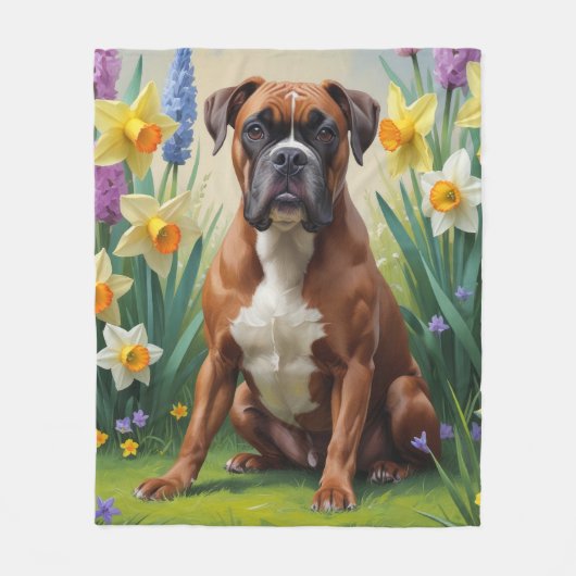 Boxer Dog Spring Blumen Malerei Fleecedecke (Vorderseite)