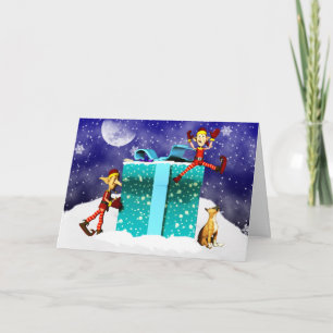 Boxer Dog und Elfs Weihnachtskarte Feiertagskarte